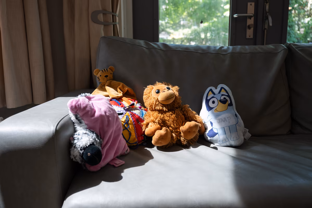Knuffels in de woonkamer van Duinrand 25 Knuffels op de bank in de woonkamer van Duinrand 25